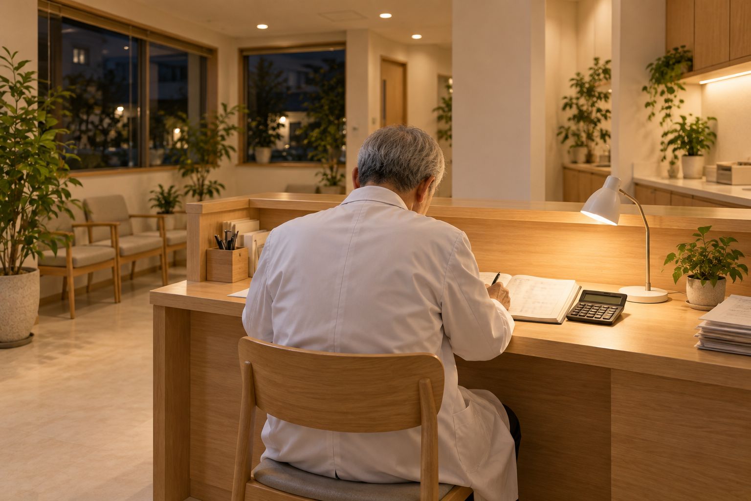 診療が終わった夜の受付で、帳簿と電卓を前に考え込む白衣の背中